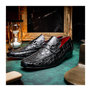 Marco Di Milano Landro Men's Shoes Black Exotic Crocodile Horsebit Loafers (MDM1023)