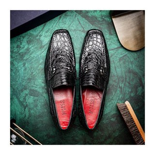 Marco Di Milano Landro Men's Shoes Black Exotic Crocodile Horsebit Loafers (MDM1023)