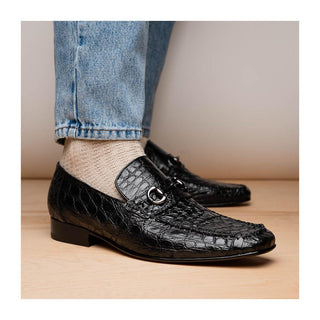 Marco Di Milano Landro Men's Shoes Black Exotic Crocodile Horsebit Loafers (MDM1023)
