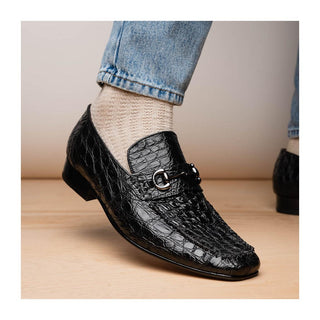 Marco Di Milano Landro Men's Shoes Black Exotic Crocodile Horsebit Loafers (MDM1023)