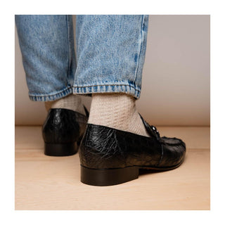 Marco Di Milano Landro Men's Shoes Black Exotic Crocodile Horsebit Loafers (MDM1023)