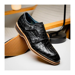 Zelli Italia Legerra Men's Shoes Black Crocodile Print Calf-Skin Leather Monk-Strap (ZEL1074)