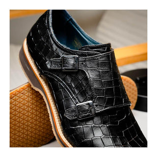Zelli Italia Legerra Men's Shoes Black Crocodile Print Calf-Skin Leather Monk-Strap (ZEL1074)