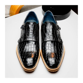 Zelli Italia Legerra Men's Shoes Black Crocodile Print Calf-Skin Leather Monk-Strap (ZEL1074)