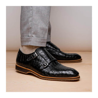 Zelli Italia Legerra Men's Shoes Black Crocodile Print Calf-Skin Leather Monk-Strap (ZEL1074)