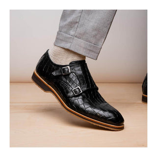 Zelli Italia Legerra Men's Shoes Black Crocodile Print Calf-Skin Leather Monk-Strap (ZEL1074)