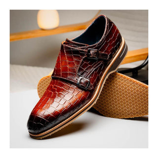 Zelli Italia Legerra Men's Shoes Cognac Crocodile Print Calf-Skin Leather Monk-Strap (ZEL1074)