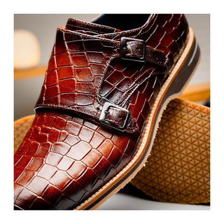 Zelli Italia Legerra Men's Shoes Cognac Crocodile Print Calf-Skin Leather Monk-Strap (ZEL1074)