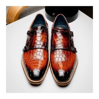 Zelli Italia Legerra Men's Shoes Cognac Crocodile Print Calf-Skin Leather Monk-Strap (ZEL1074)
