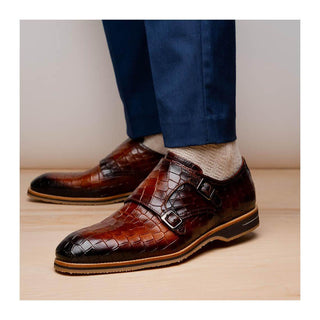 Zelli Italia Legerra Men's Shoes Cognac Crocodile Print Calf-Skin Leather Monk-Strap (ZEL1074)