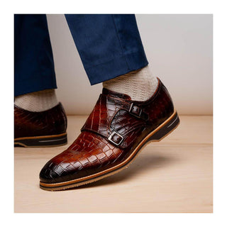 Zelli Italia Legerra Men's Shoes Cognac Crocodile Print Calf-Skin Leather Monk-Strap (ZEL1074)