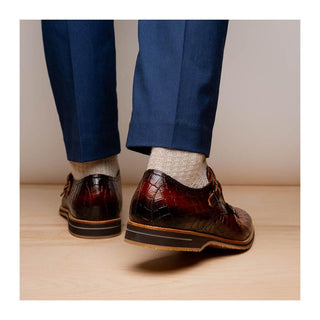 Zelli Italia Legerra Men's Shoes Cognac Crocodile Print Calf-Skin Leather Monk-Strap (ZEL1074)