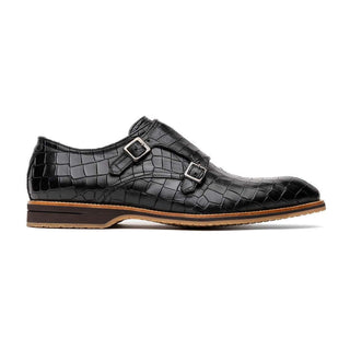 Zelli Italia Legerra Men's Shoes Black Crocodile Print Calf-Skin Leather Monk-Strap (ZEL1074)