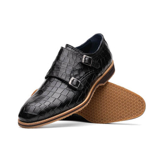 Zelli Italia Legerra Men's Shoes Black Crocodile Print Calf-Skin Leather Monk-Strap (ZEL1074)