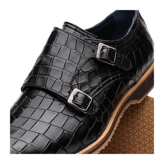Zelli Italia Legerra Men's Shoes Black Crocodile Print Calf-Skin Leather Monk-Strap (ZEL1074)