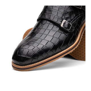 Zelli Italia Legerra Men's Shoes Black Crocodile Print Calf-Skin Leather Monk-Strap (ZEL1074)