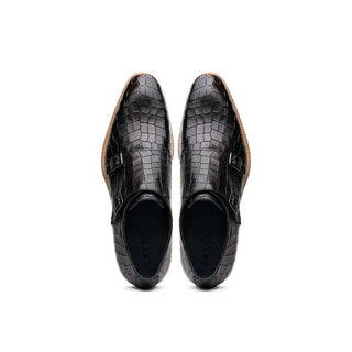 Zelli Italia Legerra Men's Shoes Black Crocodile Print Calf-Skin Leather Monk-Strap (ZEL1074)