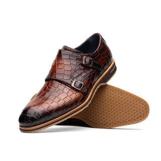 Zelli Italia Legerra Men's Shoes Cognac Crocodile Print Calf-Skin Leather Monk-Strap (ZEL1074)