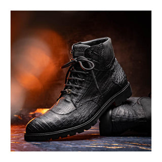 Marco Di Milano Leoni Men's Shoes Black Genuine Caiman Crocodile Rugged Boots (MDM1089)
