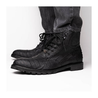 Marco Di Milano Leoni Men's Shoes Black Genuine Caiman Crocodile Rugged Boots (MDM1089)