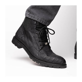 Marco Di Milano Leoni Men's Shoes Black Genuine Caiman Crocodile Rugged Boots (MDM1089)