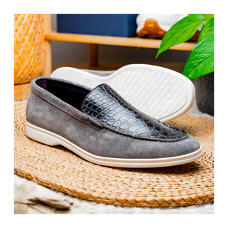 Zelli Italia Bene Men’s Shoes Gray Suede Goat-Skin & Crocodile Loafer (ZEL1016)