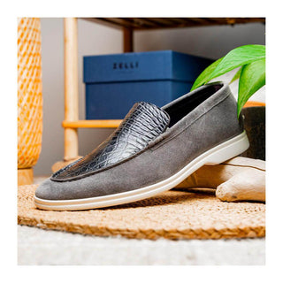 Zelli Italia Bene Men’s Shoes Gray Suede Goat-Skin & Crocodile Loafer (ZEL1016)