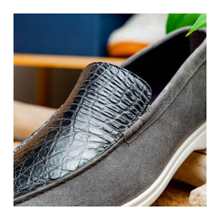 Zelli Italia Bene Men’s Shoes Gray Suede Goat-Skin & Crocodile Loafer (ZEL1016)