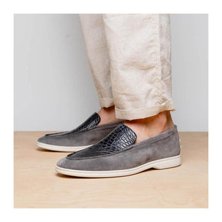 Zelli Italia Bene Men’s Shoes Gray Suede Goat-Skin & Crocodile Loafer (ZEL1016)
