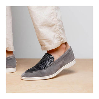 Zelli Italia Bene Men’s Shoes Gray Suede Goat-Skin & Crocodile Loafer (ZEL1016)