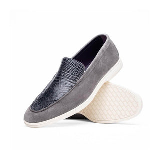 Zelli Italia Bene Men’s Shoes Gray Suede Goat-Skin & Crocodile Loafer (ZEL1016)