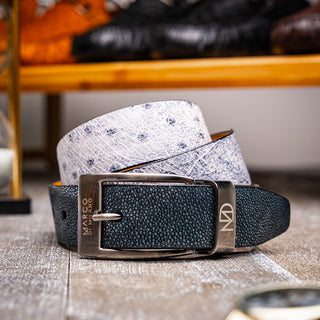 Marco Di Milano Lucca Men's Newspaper & Black Genuine Ostrich / Stingray Skin Belts (MDMB1046)