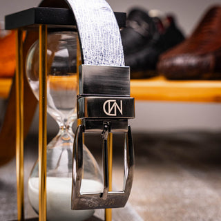 Marco Di Milano Lucca Men's Newspaper & Black Genuine Ostrich / Stingray Skin Belts (MDMB1046)