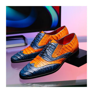 Marco Di Milano Luciano Men's Shoes Blue & Brandy Exotic Crocodile Classic Wingtip Derby (MDM1103)