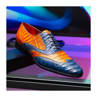 Marco Di Milano Luciano Men's Shoes Blue & Brandy Exotic Crocodile Classic Wingtip Derby (MDM1103)