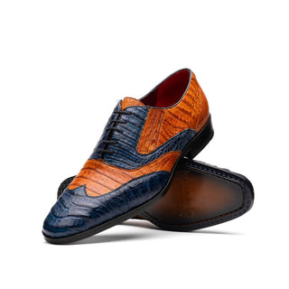 Marco Di Milano Luciano Men's Shoes Blue & Brandy Exotic Crocodile Classic Wingtip Derby (MDM1103)