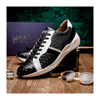 Marco Di Milano Lyon II Men's Shoes Black & White Calf-Skin / Ostrich Leg Casual Sneakers (MDM1070)