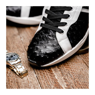 Marco Di Milano Lyon II Men's Shoes Black & White Calf-Skin / Ostrich Leg Casual Sneakers (MDM1070)