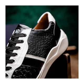 Marco Di Milano Lyon II Men's Shoes Black & White Calf-Skin / Ostrich Leg Casual Sneakers (MDM1070)