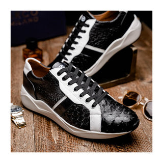 Marco Di Milano Lyon II Men's Shoes Black & White Calf-Skin / Ostrich Leg Casual Sneakers (MDM1070)