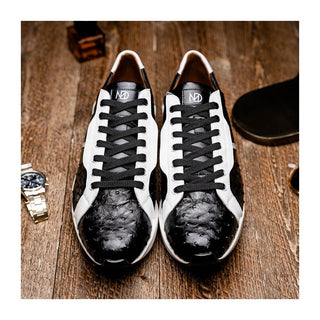 Marco Di Milano Lyon II Men's Shoes Black & White Calf-Skin / Ostrich Leg Casual Sneakers (MDM1070)