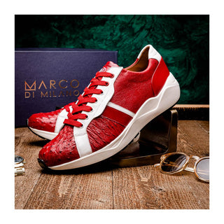 Marco Di Milano Lyon II Men's Shoes Red & White Calf-Skin / Ostrich Leg Casual Sneakers (MDM1069)
