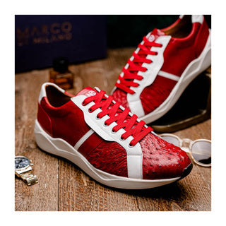 Marco Di Milano Lyon II Men's Shoes Red & White Calf-Skin / Ostrich Leg Casual Sneakers (MDM1069)