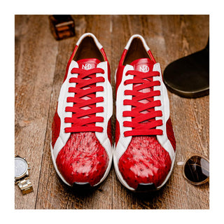 Marco Di Milano Lyon II Men's Shoes Red & White Calf-Skin / Ostrich Leg Casual Sneakers (MDM1069)