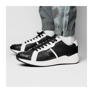 Marco Di Milano Lyon II Men's Shoes Black & White Calf-Skin / Ostrich Leg Casual Sneakers (MDM1070)