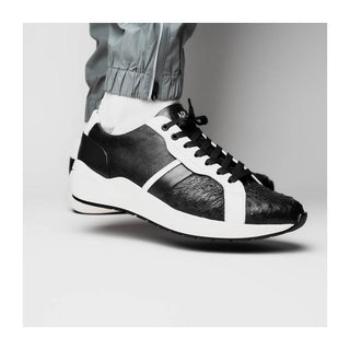 Marco Di Milano Lyon II Men's Shoes Black & White Calf-Skin / Ostrich Leg Casual Sneakers (MDM1070)