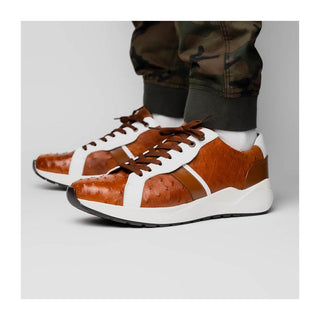 Marco Di Milano Lyon II Men's Shoes Brandy & White Calf-Skin / Ostrich Leg Casual Sneakers (MDM1068)