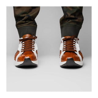 Marco Di Milano Lyon II Men's Shoes Brandy & White Calf-Skin / Ostrich Leg Casual Sneakers (MDM1068)