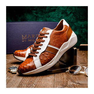 Marco Di Milano Lyon II Men's Shoes Brandy & White Calf-Skin / Ostrich Leg Casual Sneakers (MDM1068)