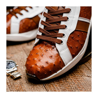 Marco Di Milano Lyon II Men's Shoes Brandy & White Calf-Skin / Ostrich Leg Casual Sneakers (MDM1068)